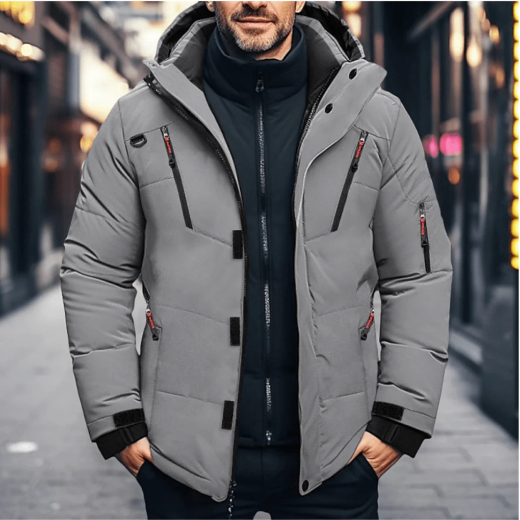 Durable men's insulated winter coat with a detachable hood, designed for ultimate warmth and comfort.
