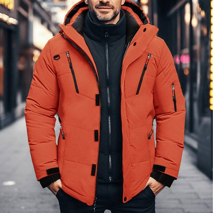 Front view of a men's fashion winter jacket, insulated for warmth, suitable for outdoor and daily wear.