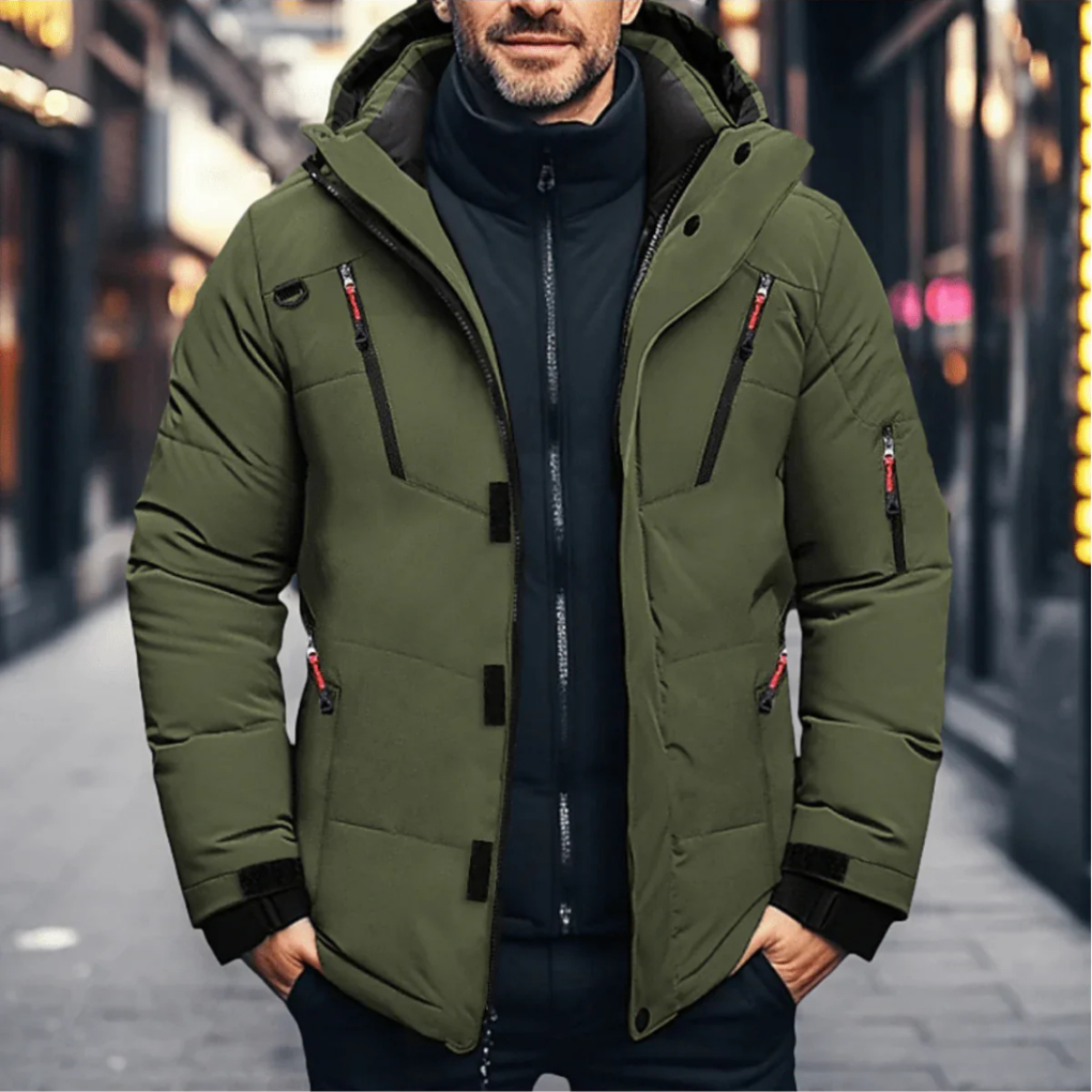 Close-up of a men's durable winter jacket, showing its insulated fabric, ensuring warmth in extreme cold.