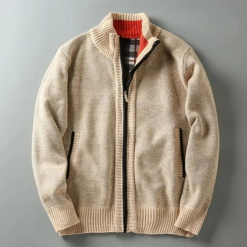 Men's warm knit zip-up jacket with soft fleece lining, ideal for cold weather outerwear.