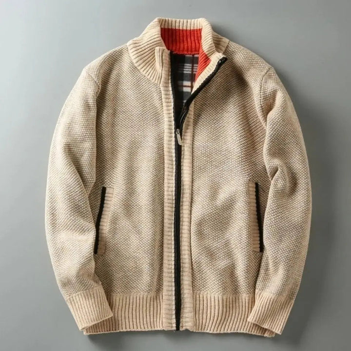 Men's warm knit zip-up jacket with soft fleece lining, ideal for cold weather outerwear.