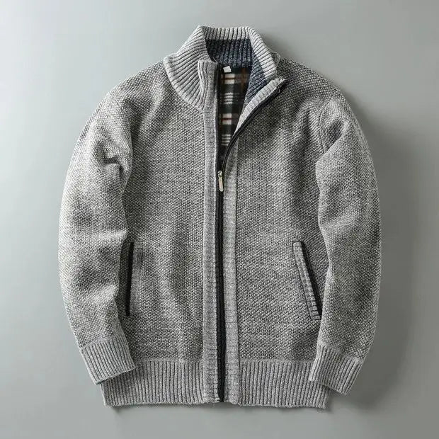 Men's versatile knit zip-up jacket, fleece-lined for warmth, perfect for outdoor activities in cold weather.