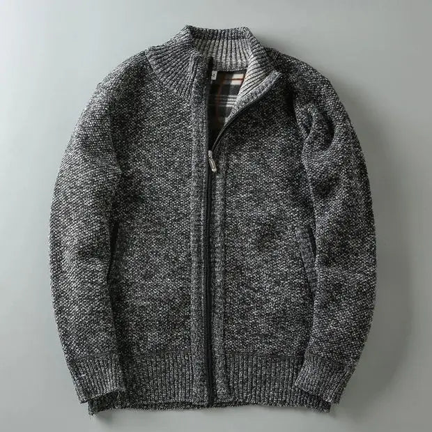 Classic men's warm knit jacket with full zip and soft fleece lining. Essential outerwear for winter.