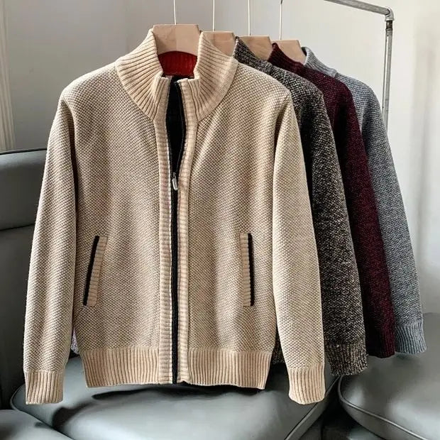 Cozy men's fleece-lined knit jacket. Full zip-up closure provides warmth and comfort in cold weather.