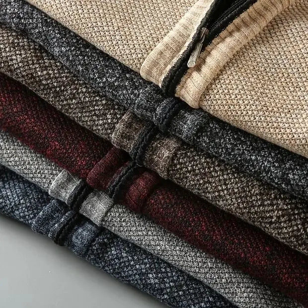 Men's light knit jacket, a warm fleece-lined zip-up. Perfect for casual, cold weather layering.