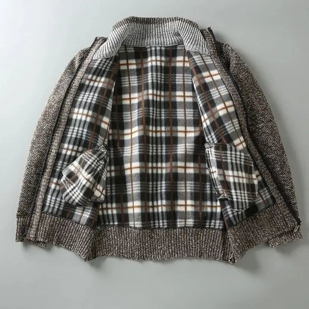 Man wearing a casual men's knit zip-up jacket, fleece-lined for warmth, great for everyday outerwear.