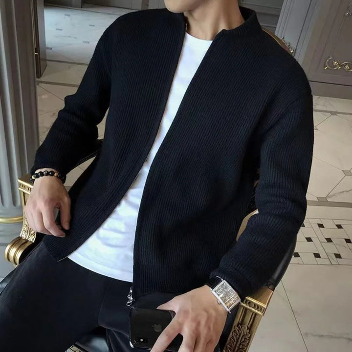 Stylish men's loose fit knitted cardigan sweater with zipper, ideal casual outerwear for cold weather.