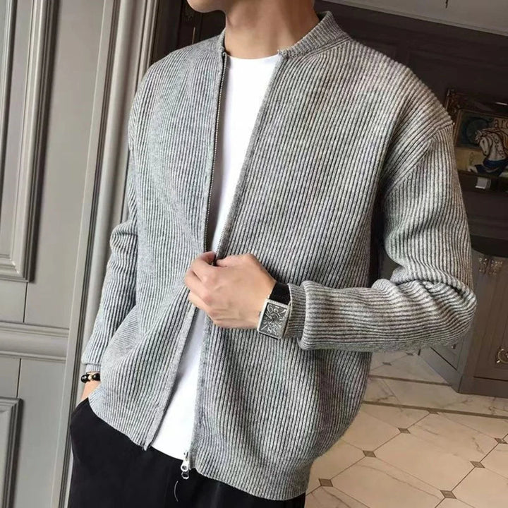 Comfortable men's zippered knitted cardigan, warm & loose fit, great for fall/winter style.