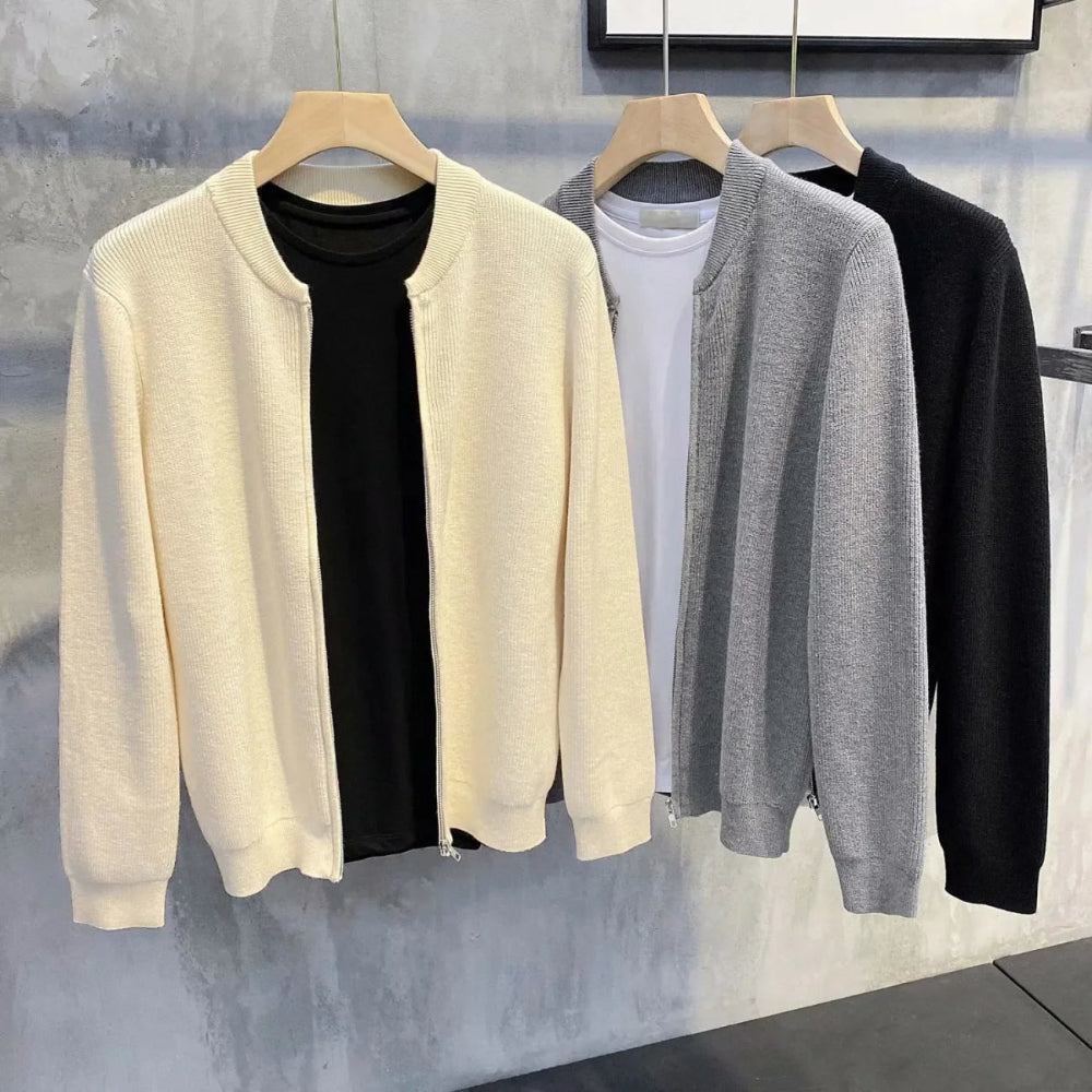 Fashionable men's warm knitted cardigan with full zipper, versatile outerwear for casual winter looks.