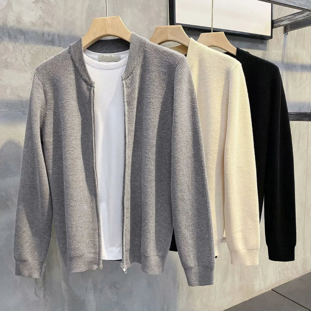 Soft, warm men's knitted cardigan sweater with a convenient zipper closure, perfect for fall & winter.