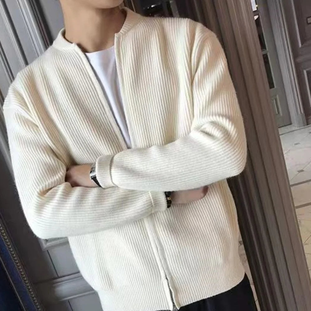 Casual men's loose fit knitted cardigan with zipper, a stylish & warm sweater for everyday winter wear.