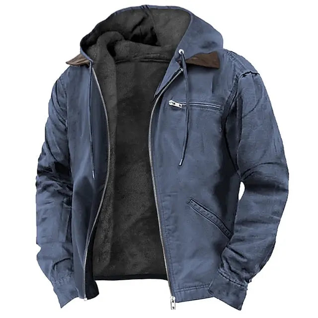 Men's warm lined hooded winter jacket in brown, ideal for cold weather & everyday casual outerwear. Adjustable hood.