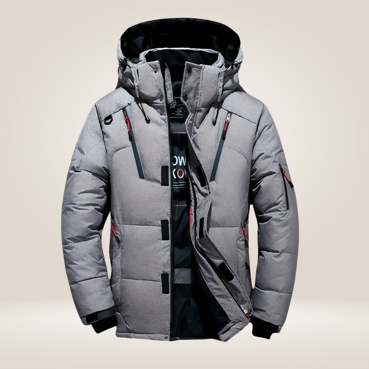 Orange men's casual parka jacket. Waterproof, windproof outer layer for snowy winter days.