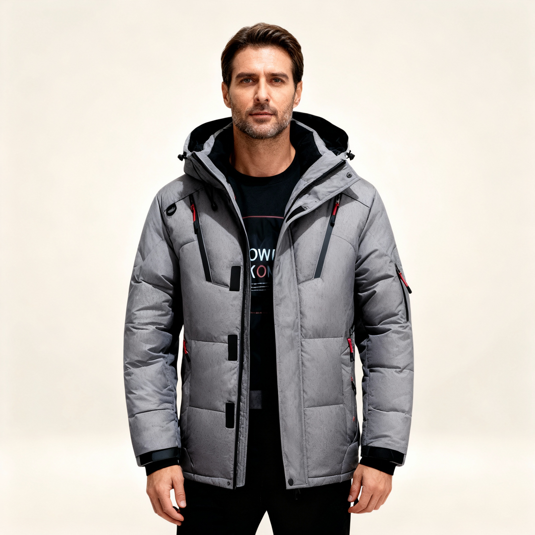 Black men's durable winter parka. Waterproof & windproof coat for rugged outdoor adventures.