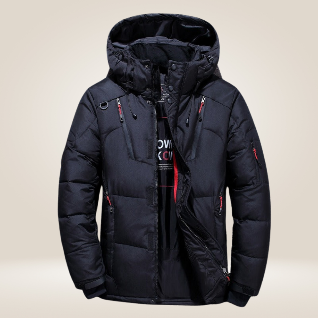 Green men's parka winter coat. Waterproof, windproof outdoor jacket for cold weather adventures.