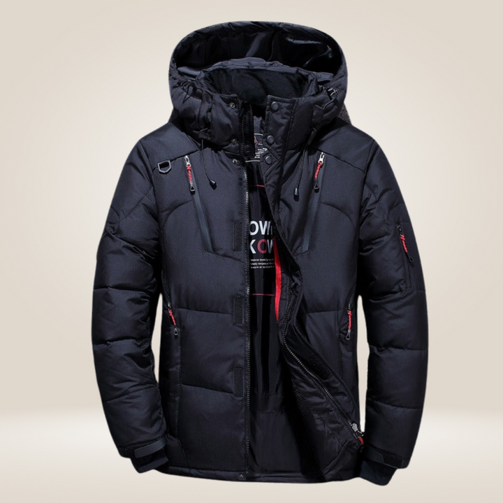 Green men's parka winter coat. Waterproof, windproof outdoor jacket for cold weather adventures.