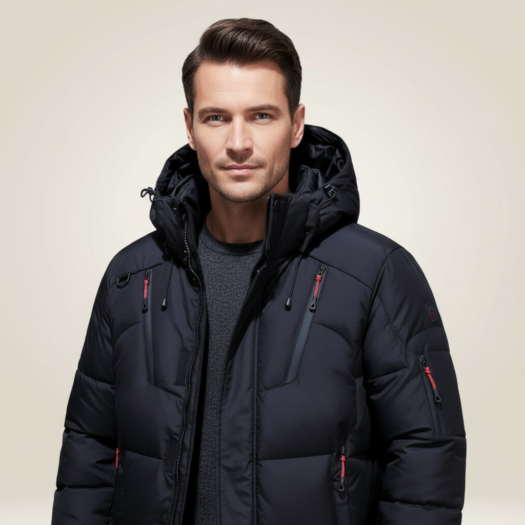 Grey men's warm parka jacket. Insulated, waterproof & windproof outerwear for winter fashion.