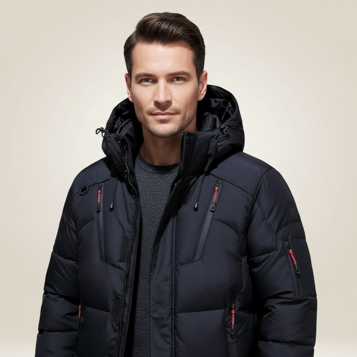 Grey men's warm parka jacket. Insulated, waterproof & windproof outerwear for winter fashion.