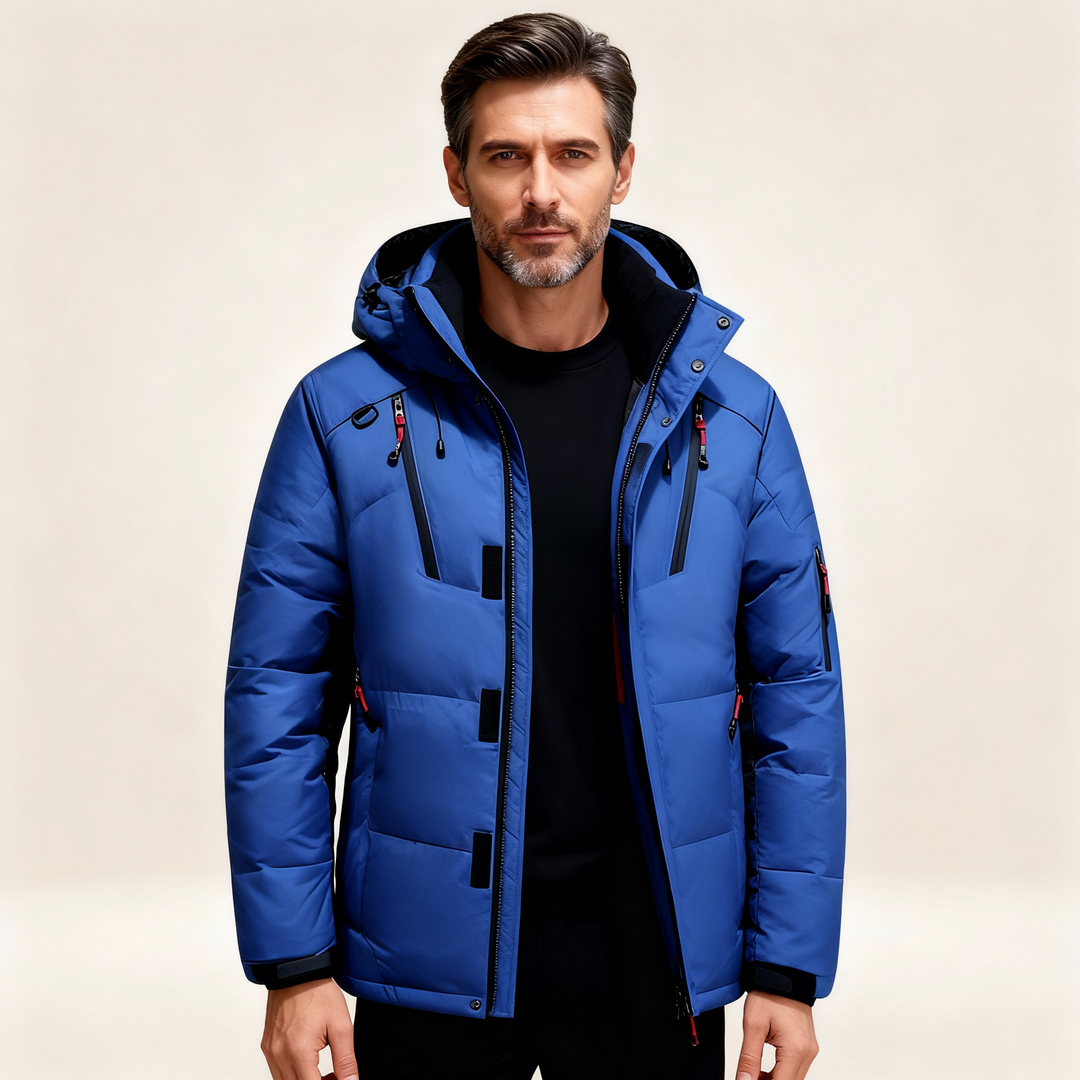 Men's outdoor gear parka. Warm, waterproof winter jacket suitable for hiking & cold weather sports.