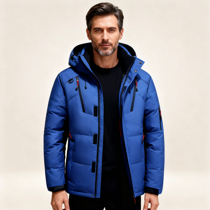 Men's outdoor gear parka. Warm, waterproof winter jacket suitable for hiking & cold weather sports.