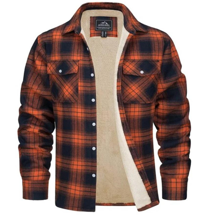 Men's warm plaid shirt jacket, sherpa-lined, offering a stylish and cozy winter outerwear look.