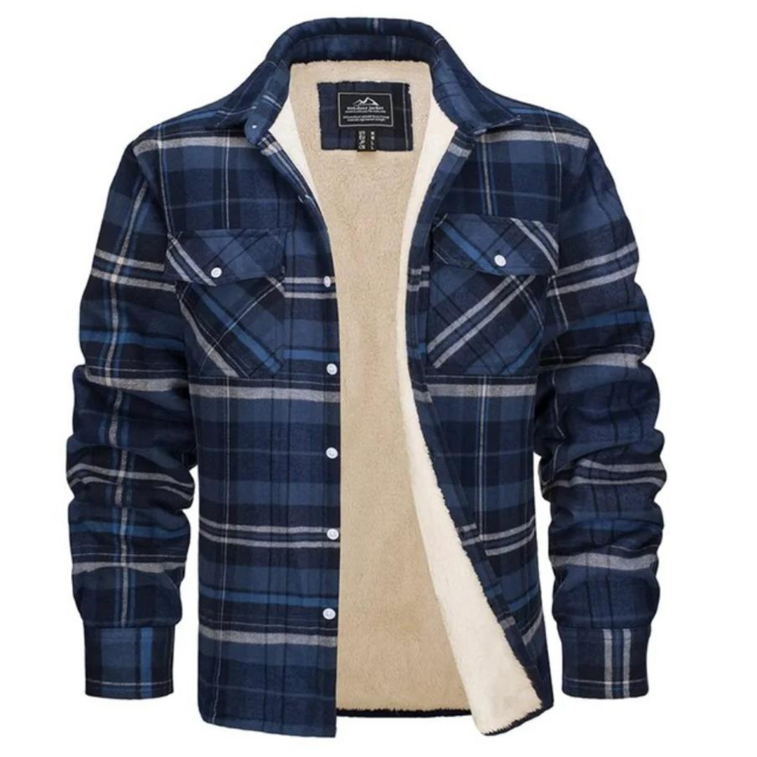 Men's stylish plaid shirt jacket, sherpa-lined, a warm and versatile casual piece for winter and fall.
