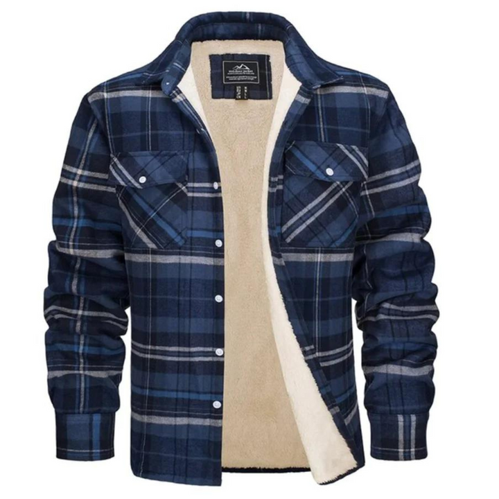 Men's stylish plaid shirt jacket, sherpa-lined, a warm and versatile casual piece for winter and fall.
