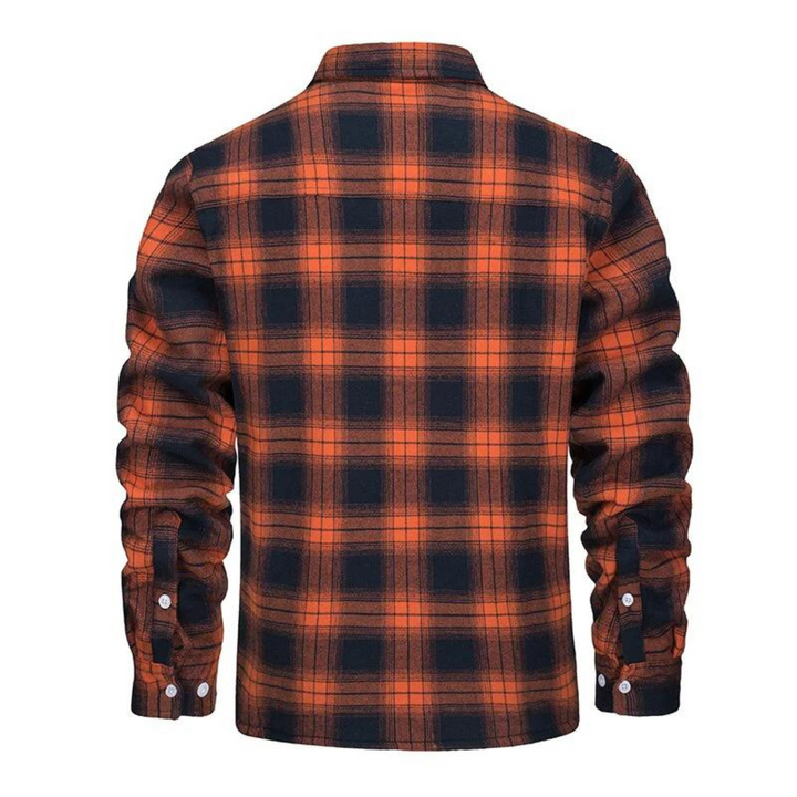 Cozy men's button-up plaid shirt jacket with soft sherpa lining, ideal for fall and winter warmth.