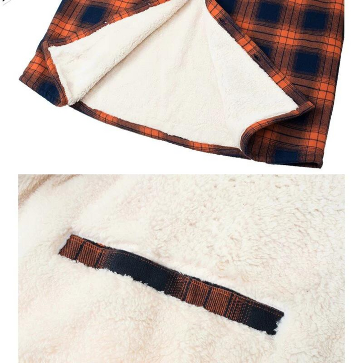 Warm men's plaid shirt jacket, sherpa-lined, designed for comfort and style as winter outerwear.