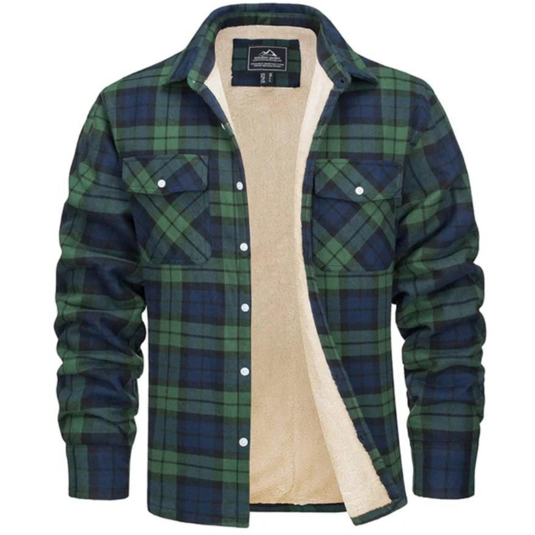 Button-up men's plaid jacket, sherpa-lined for ultimate warmth, a stylish and cozy fall fashion essential.