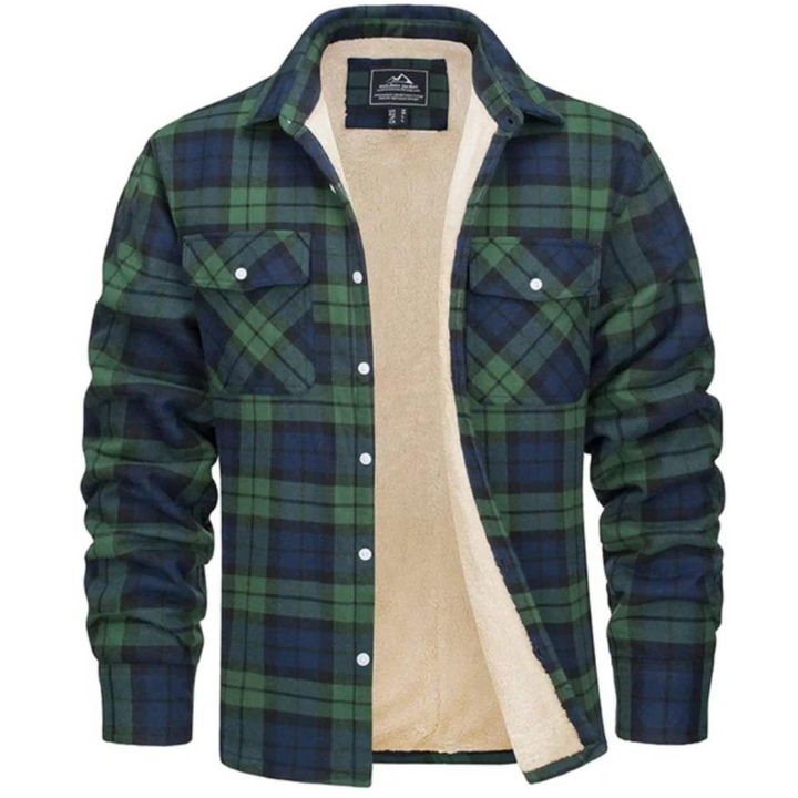 Button-up men's plaid jacket, sherpa-lined for ultimate warmth, a stylish and cozy fall fashion essential.