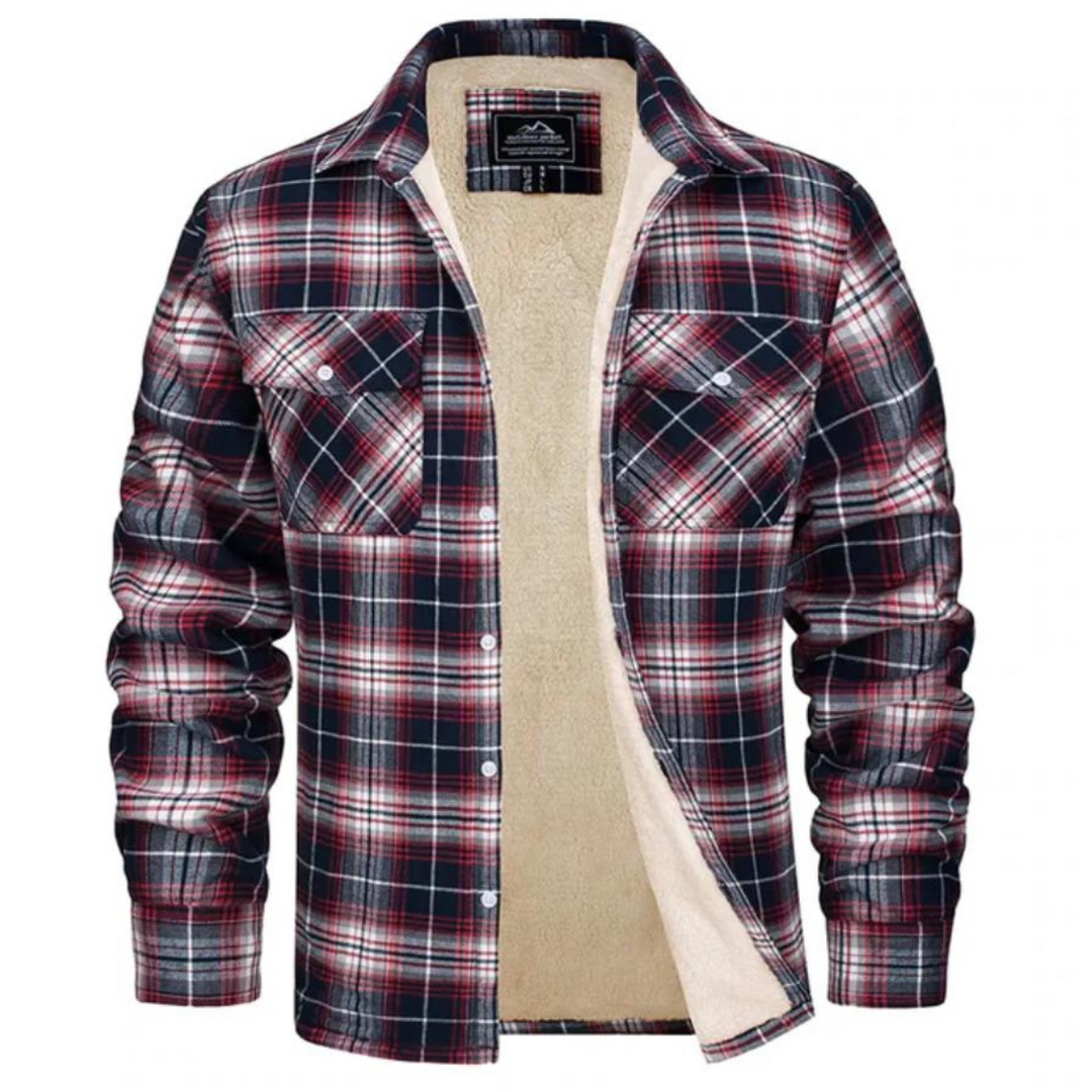 Men's casual plaid shirt jacket with plush sherpa lining, a warm and stylish piece for winter layering.
