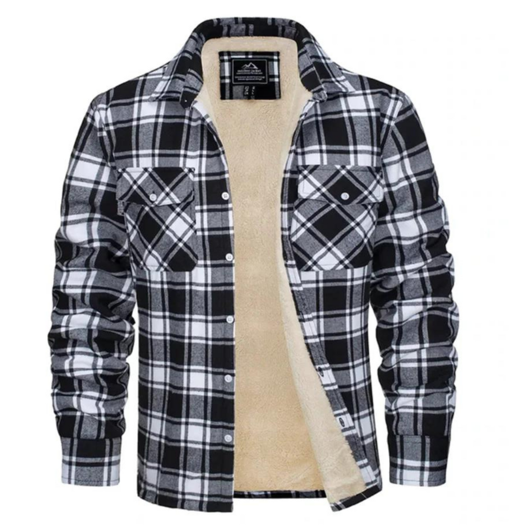 Stylish men's sherpa-lined plaid shirt jacket, perfect as a warm button-up layering piece for fall outerwear.