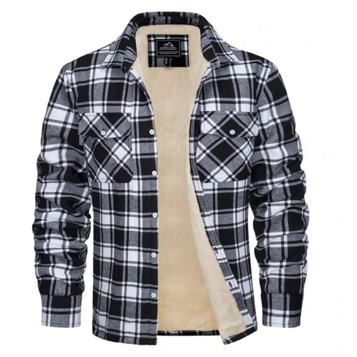 Stylish men's sherpa-lined plaid shirt jacket, perfect as a warm button-up layering piece for fall outerwear.
