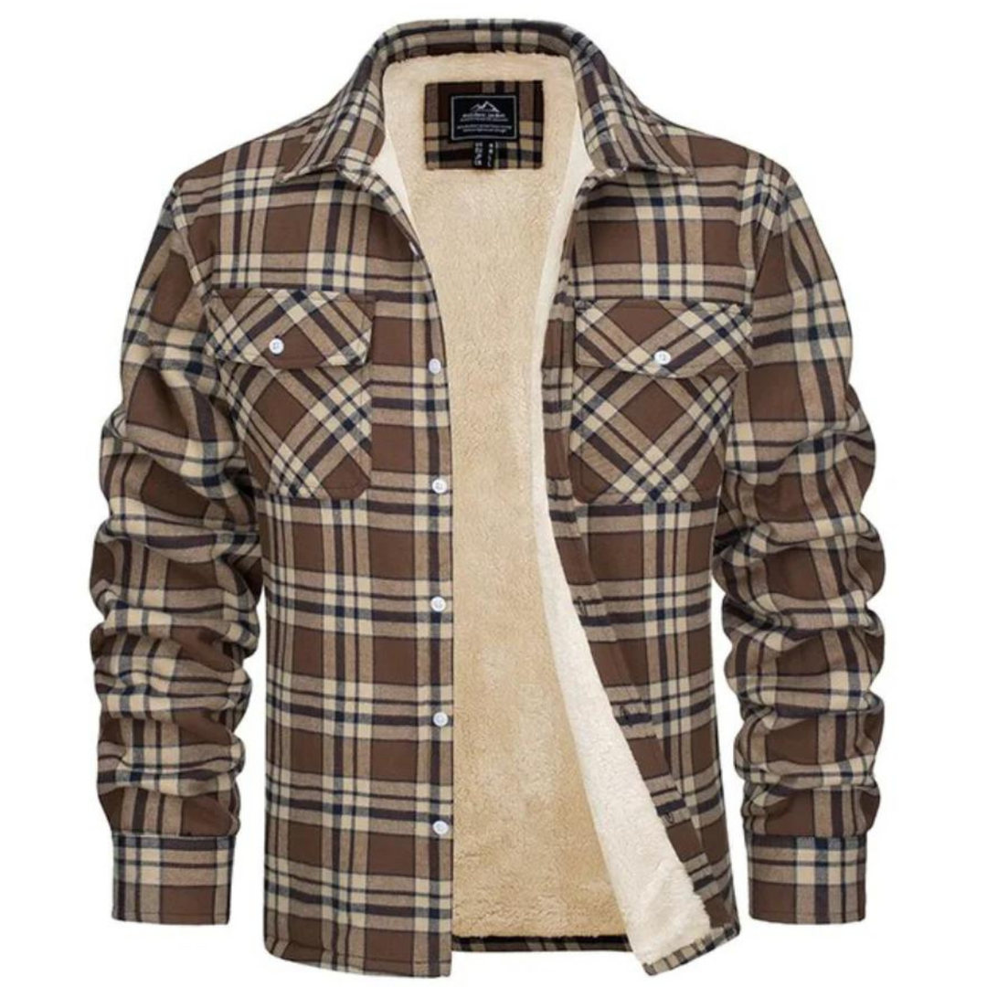 Cozy men's plaid jacket, sherpa-lined for superior warmth, a stylish winter outerwear option.