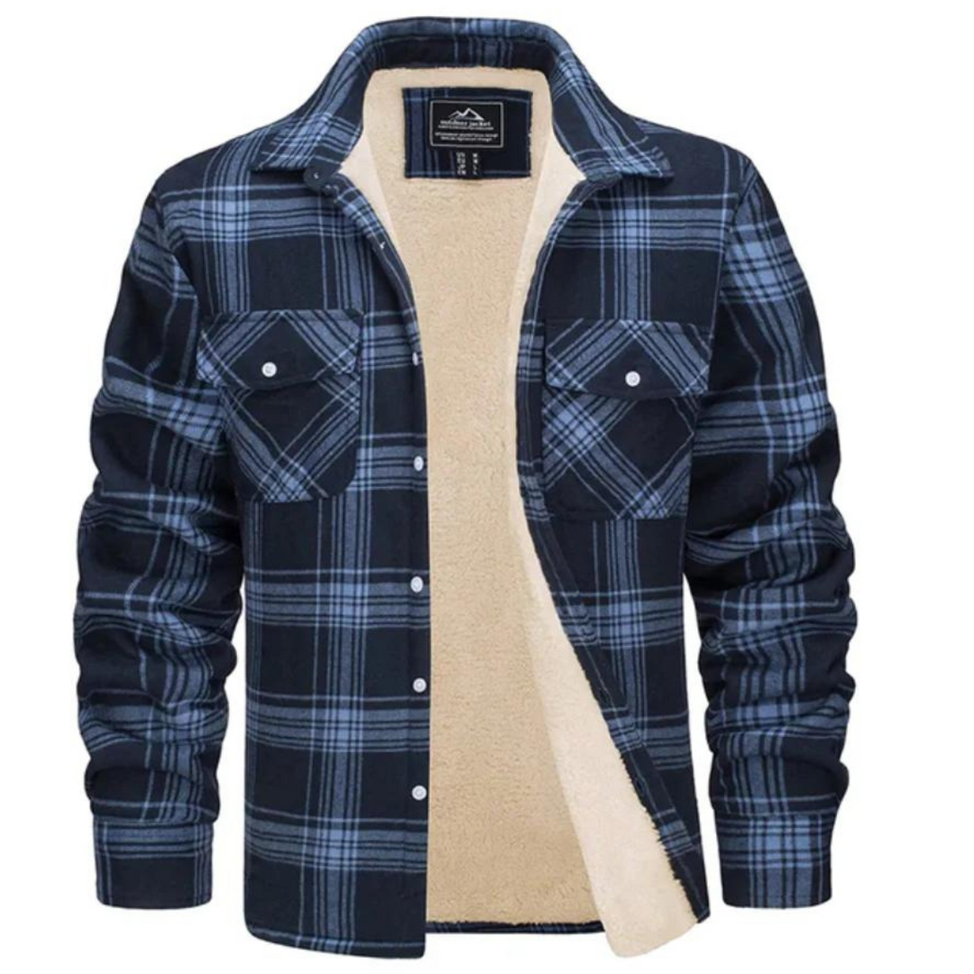 Warm men's button-up plaid shirt jacket, sherpa-lined for comfort, ideal for cool weather and fall fashion.