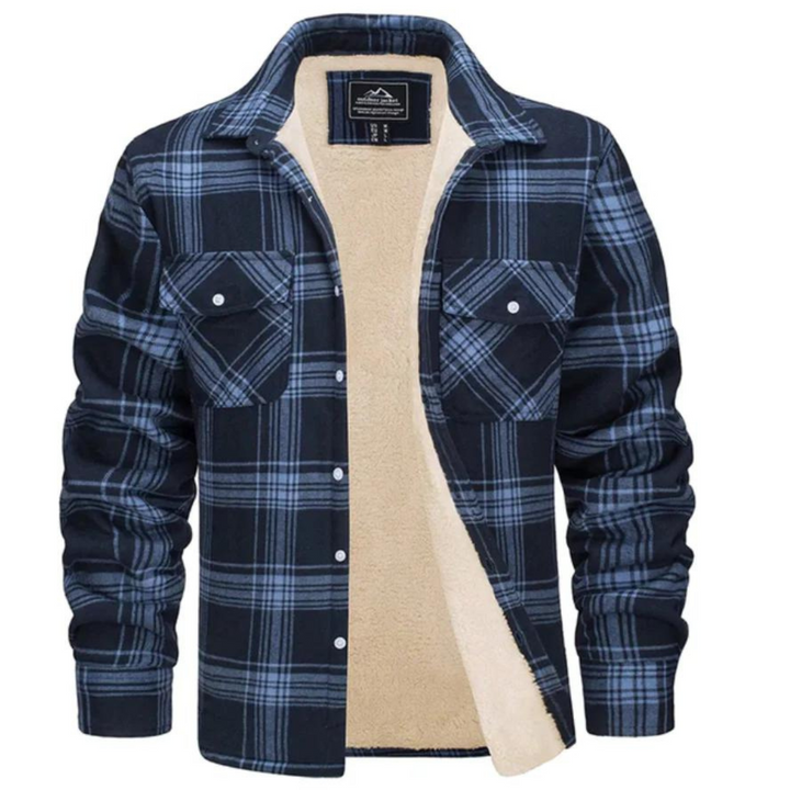 Warm men's button-up plaid shirt jacket, sherpa-lined for comfort, ideal for cool weather and fall fashion.