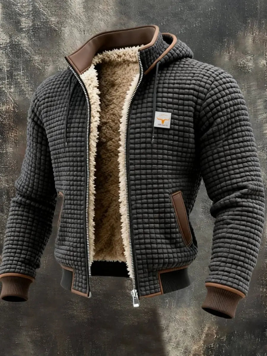 Men's warm quilted hooded winter jacket, fleece-lined for cold weather comfort.