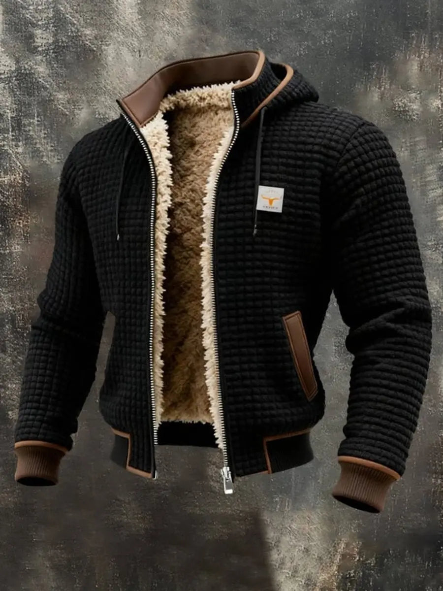 Weather-resistant men's zip-up quilted jacket with hood, ideal winter outerwear.