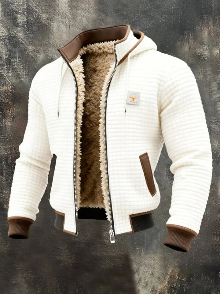 Casual men's quilted winter coat, fleece-lined, hooded, and zip-up design.