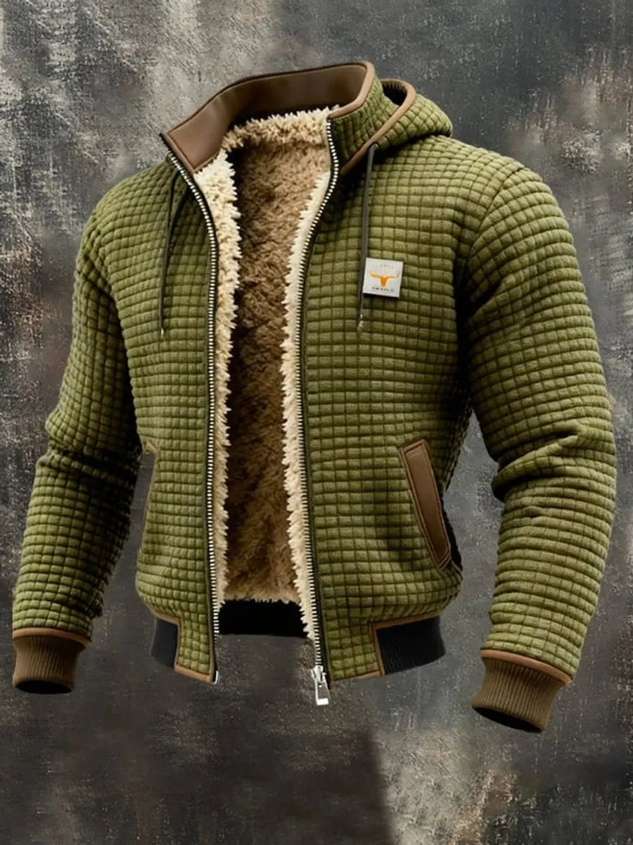 Stylish men's cold weather jacket, quilted, hooded, and fleece-lined for superior warmth.