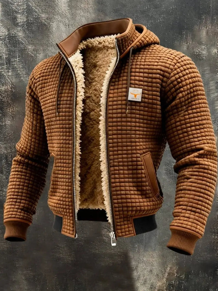 Men's insulated hooded winter jacket, quilted design, full zip closure, weather-resistant.