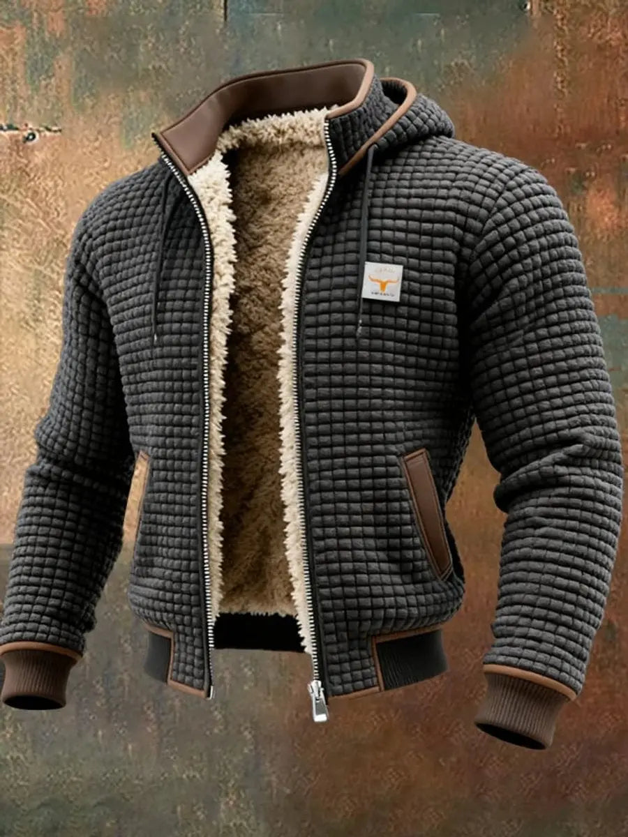 Durable men's quilted zip-up winter jacket featuring a warm fleece lining and hood.