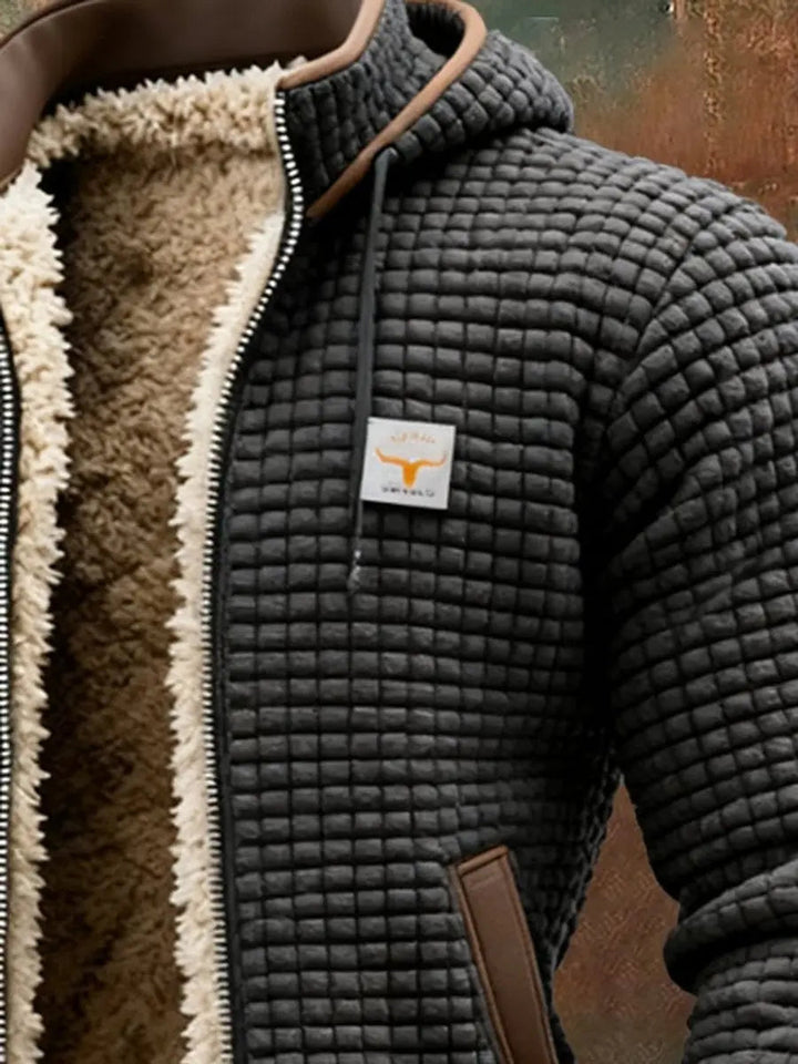Fashionable men's winter parka: quilted, hooded, fleece-lined, perfect for cold weather.