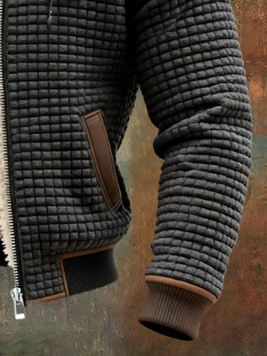 Essential men's hooded quilted jacket, zip-up, fleece-lined, weather-resistant for winter.