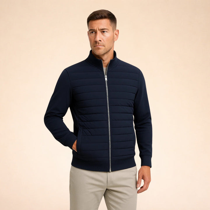 Versatile men's smart casual quilted hybrid jacket, ideal for layering; features comfy stretch knit sleeves.