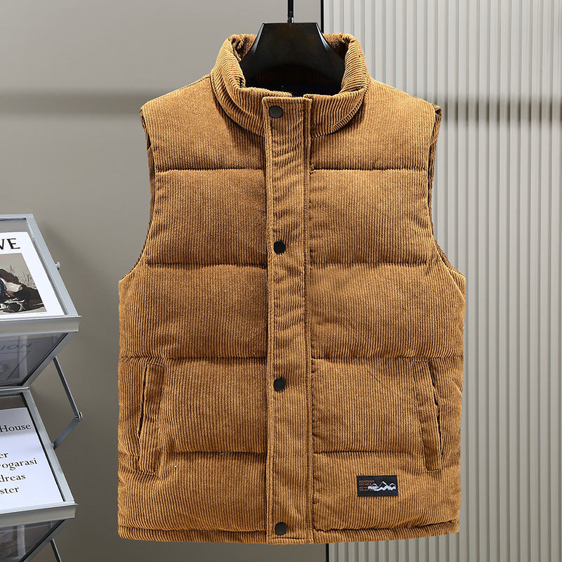 Men's warm sleeveless vest with stand collar & snap closure, perfect for winter layering comfort.
