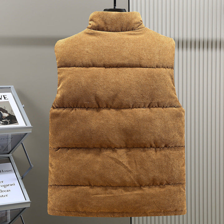 Casual men's warm sleeveless vest for winter style, featuring a stand collar & snap front closure.