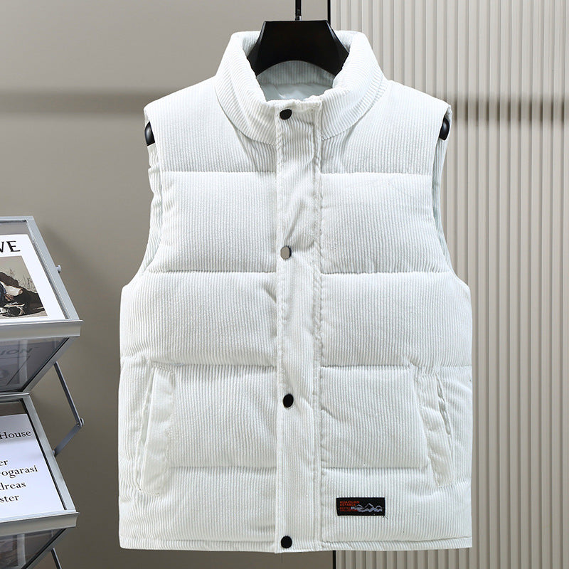Comfortable men's warm sleeveless outerwear vest, ideal for chilly winter layering with stand collar.