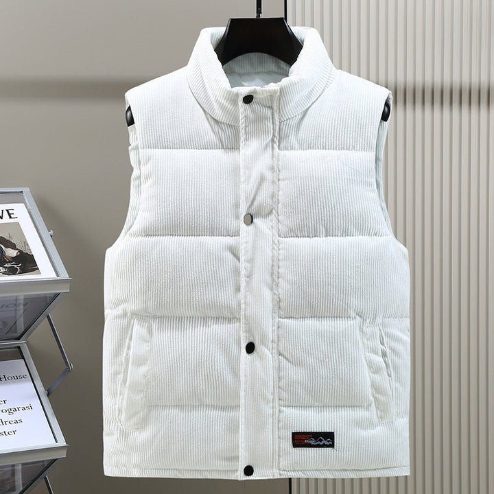 Comfortable men's warm sleeveless outerwear vest, ideal for chilly winter layering with stand collar.